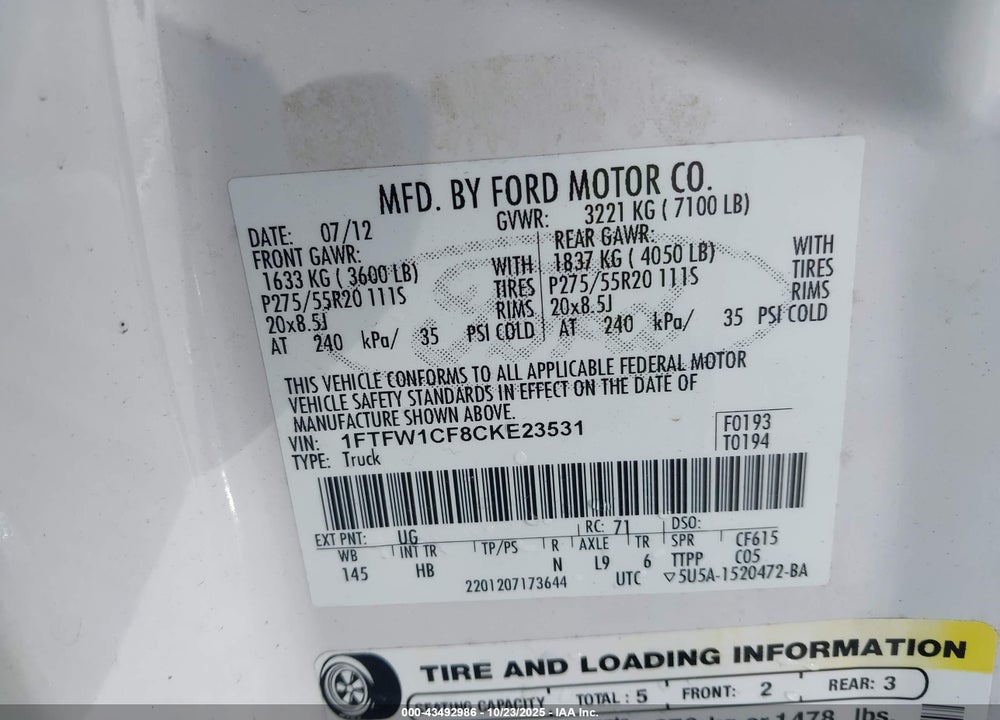 2012 FORD F-150 LARIAT VIN: 1FTFW1CF8CKE23531