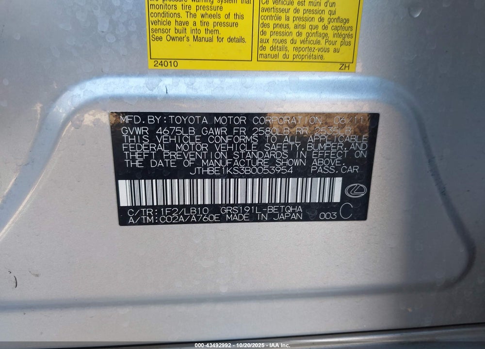 2011 LEXUS GS 350 VIN: JTHBE1KS3B0053954