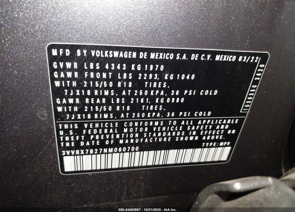 2022 VOLKSWAGEN TAOS VIN: 3VVRX7B27NM060700