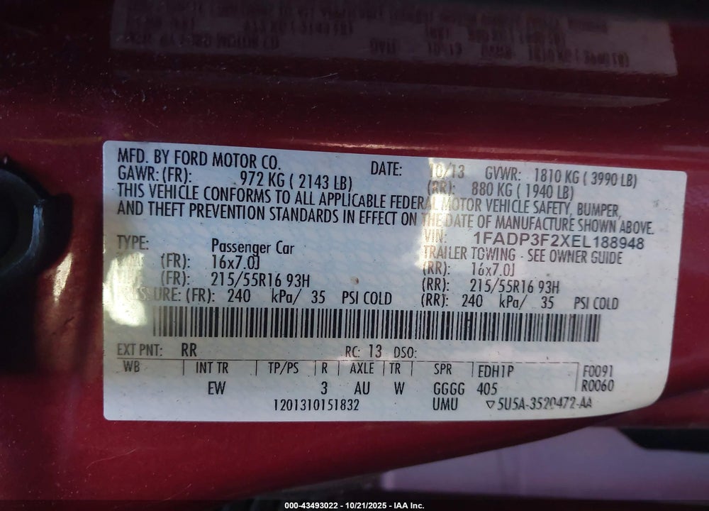 2014 FORD FOCUS SE VIN: 1FADP3F2XEL188948