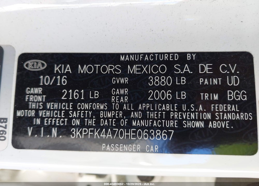 2017 KIA FORTE LX VIN: 3KPFK4A70HE063867