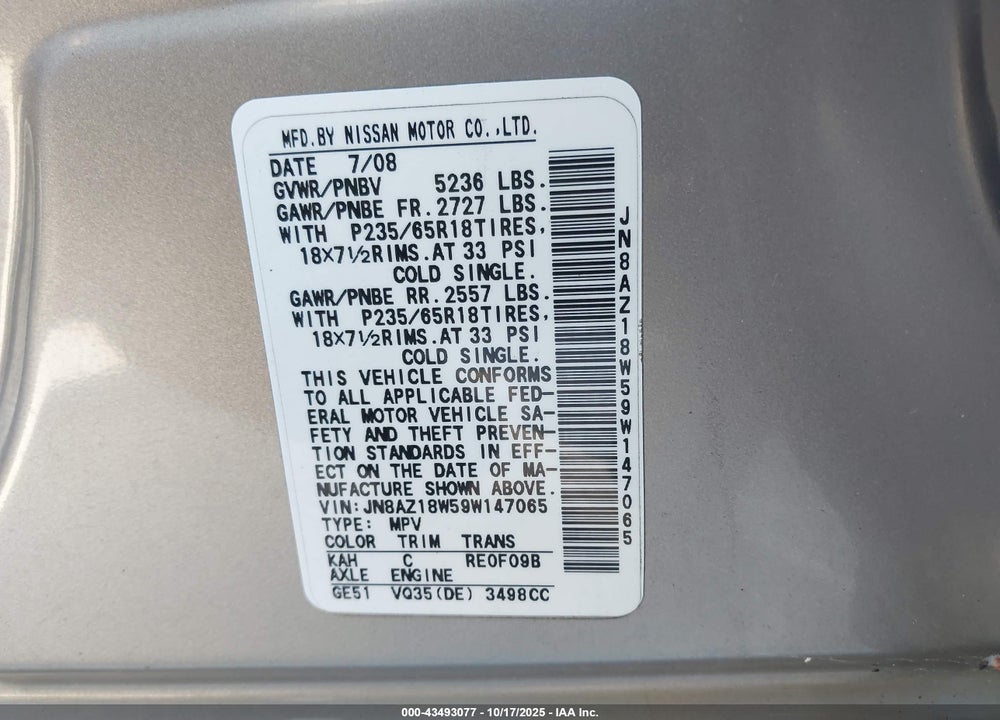 2009 NISSAN MURANO VIN: JN8AZ18W59W147065