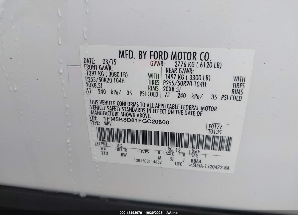 2015 FORD EXPLORER XLT VIN: 1FM5K8D81FGC20600