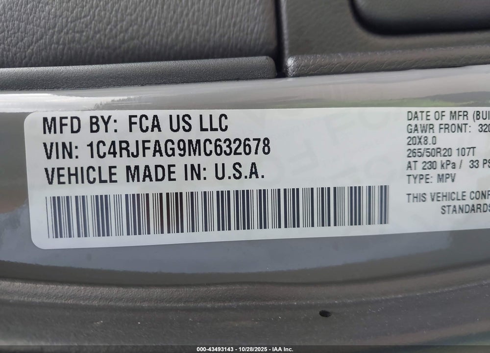 2021 JEEP GRAND CHEROKEE LAREDO X 4X4 VIN: 1C4RJFAG9MC632678