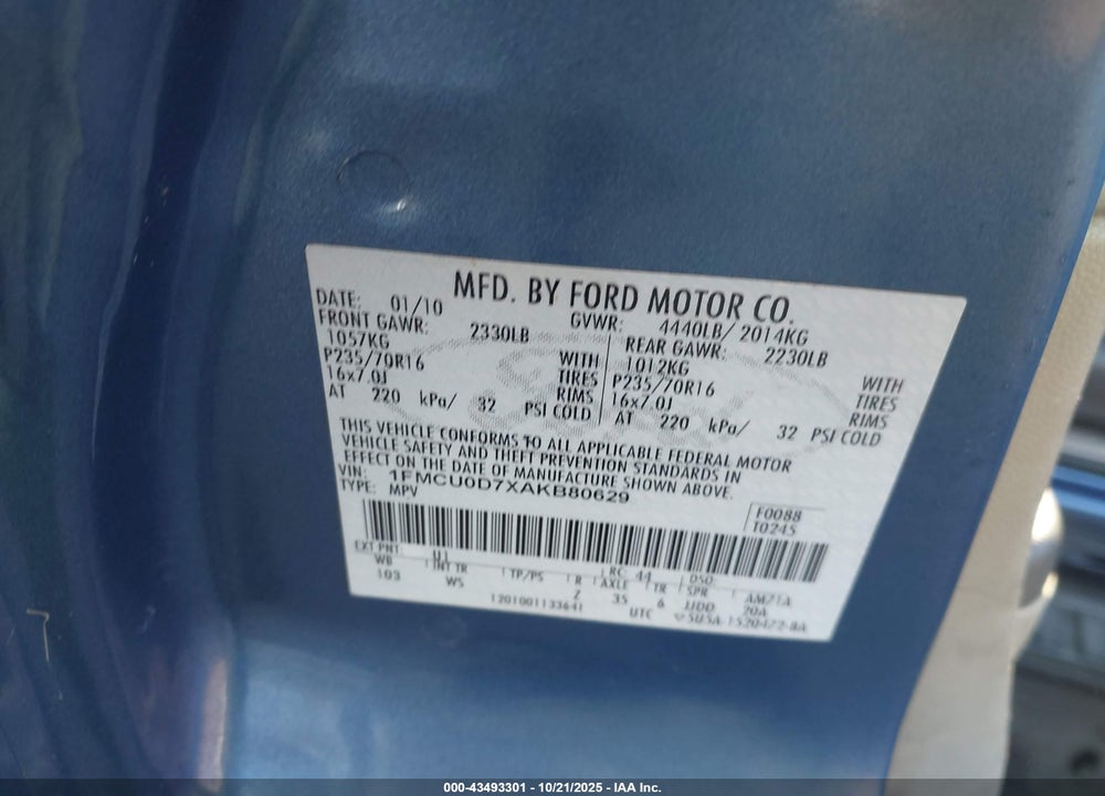 2010 FORD ESCAPE XLT VIN: 1FMCU0D7XAKB80629