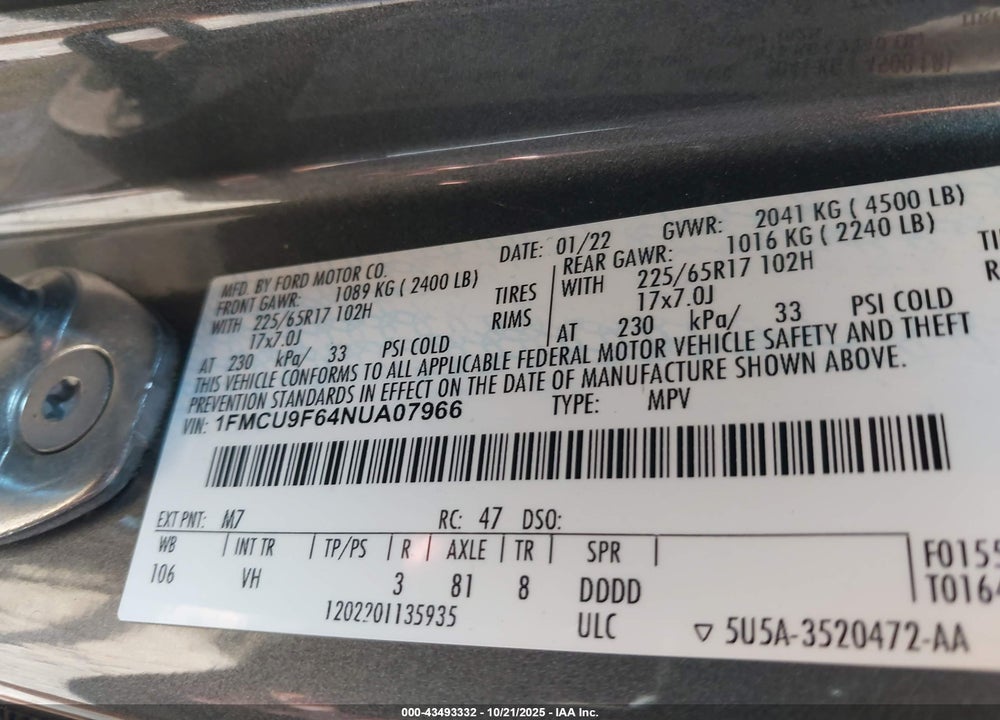 2022 FORD ESCAPE VIN: 1FMCU9F64NUA07966