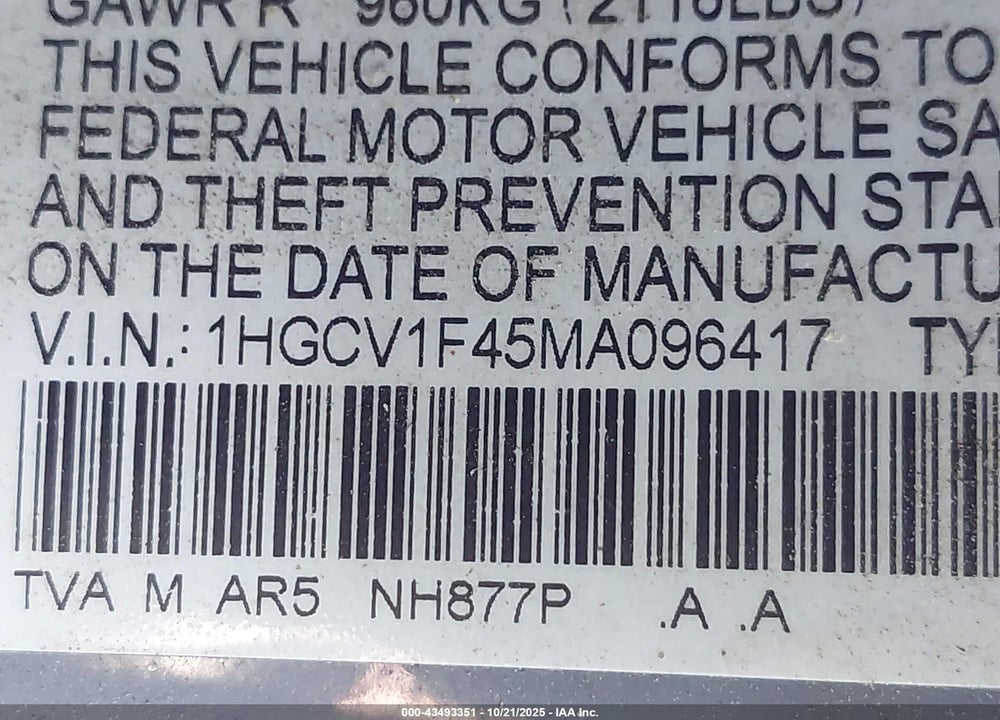 2021 HONDA ACCORD SPORT SPECIAL EDITION VIN: 1HGCV1F45MA096417