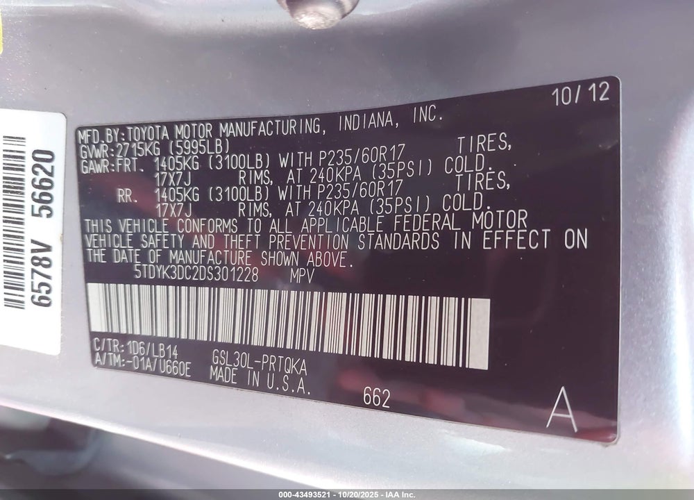 2013 TOYOTA SIENNA XLE V6 8 PASSENGER VIN: 5TDYK3DC2DS301228