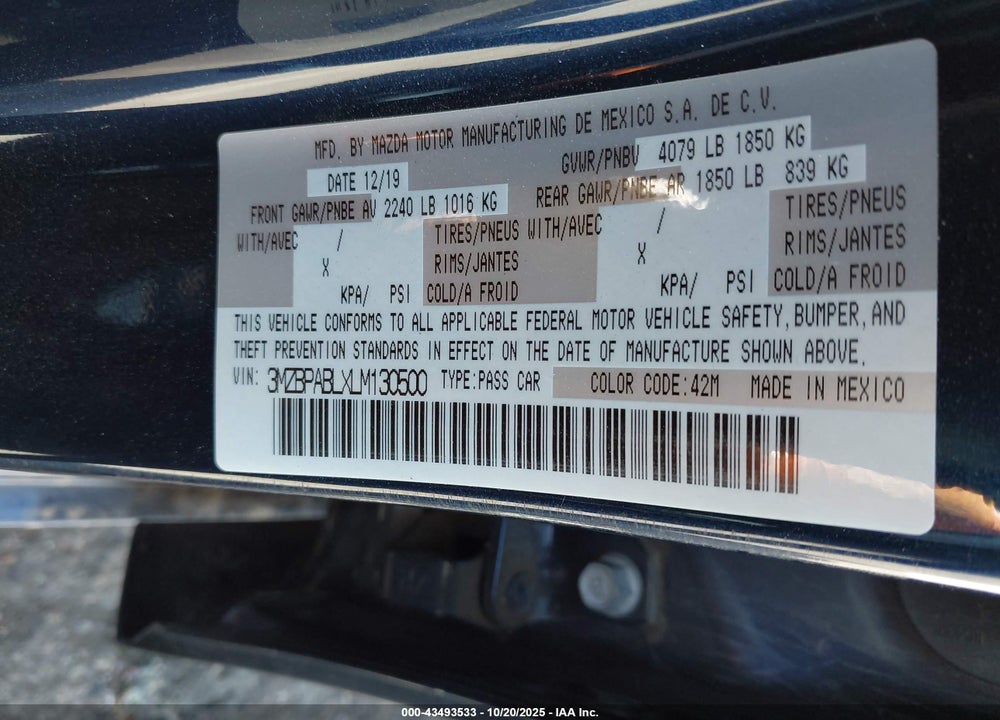 2020 MAZDA 3 VIN: 3MZBPABLXLM130500