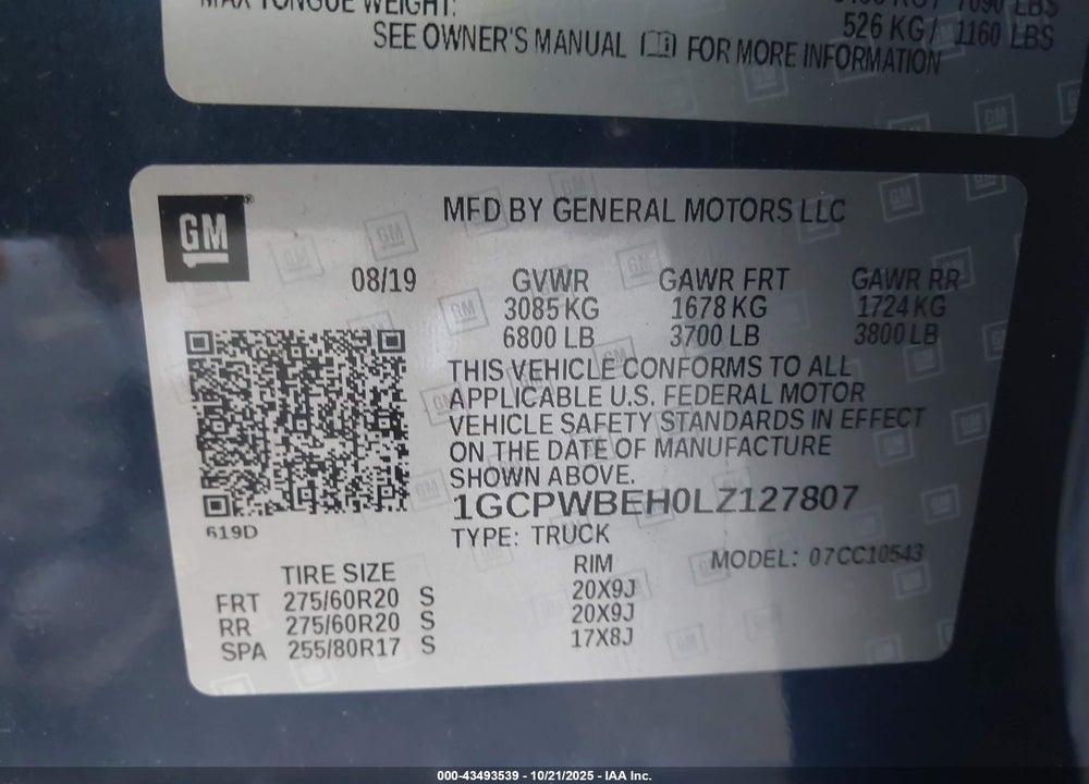 2020 CHEVROLET SILVERADO 1500 2WD SHORT BED CUSTOM VIN: 1GCPWBEH0LZ127807