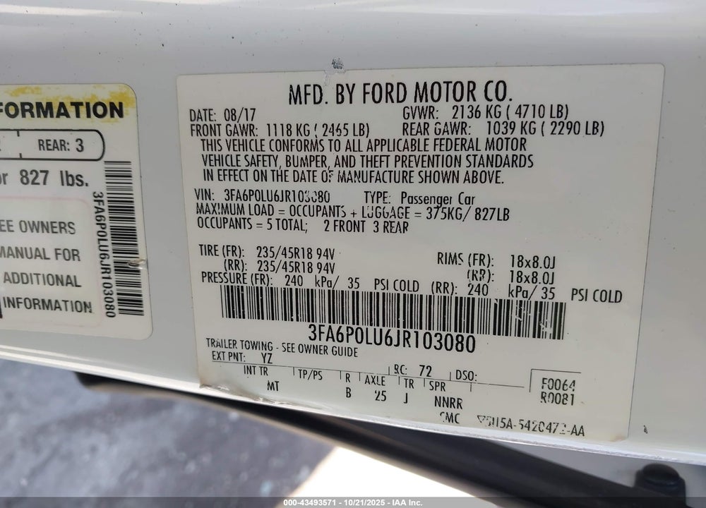 2018 FORD FUSION VIN: 3FA6P0LU6JR103080
