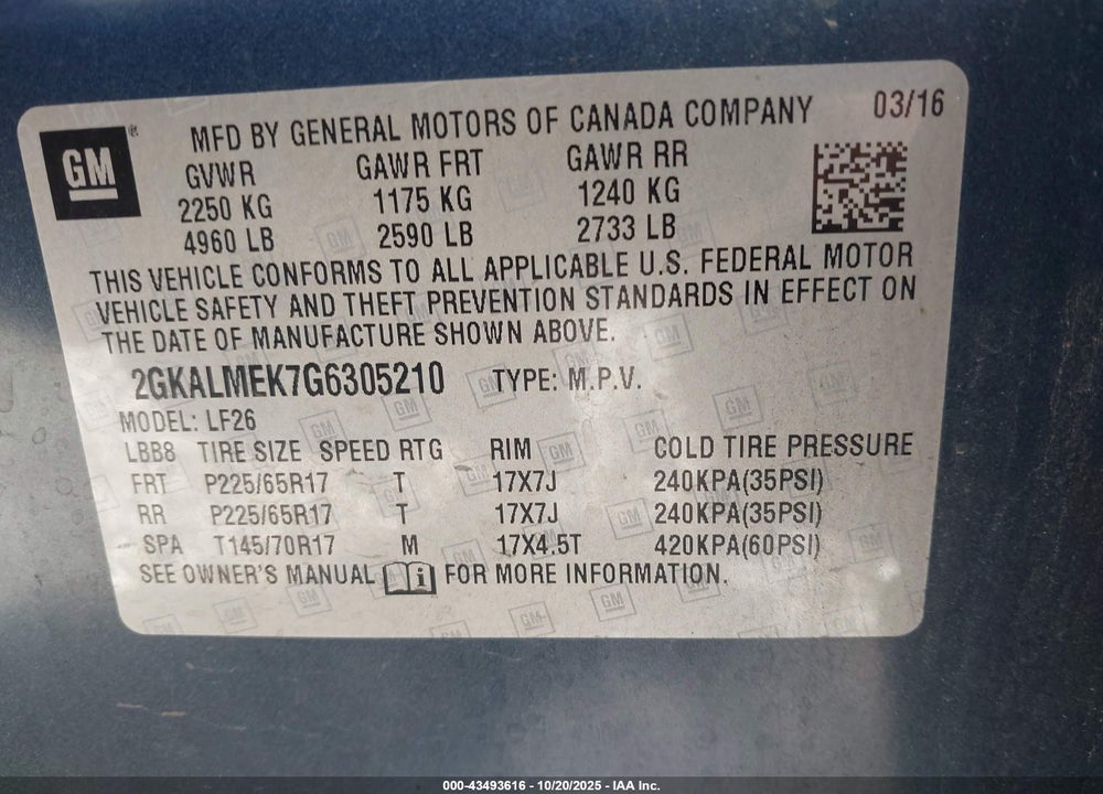 2016 GMC TERRAIN VIN: 2GKALMEK7G6305210