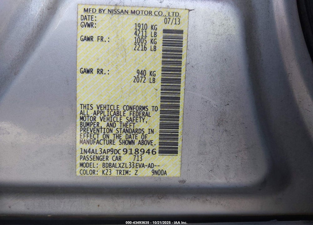 2013 NISSAN ALTIMA 2.5 SL VIN: 1N4AL3AP9DC918946