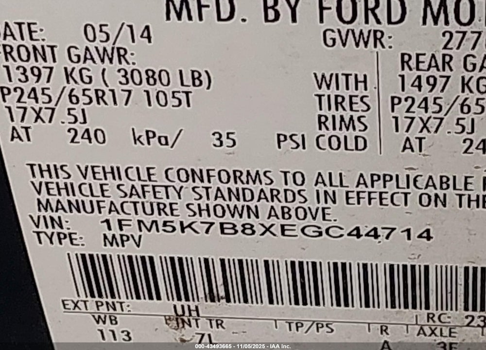2014 FORD EXPLORER VIN: 1FM5K7B8XEGC44714