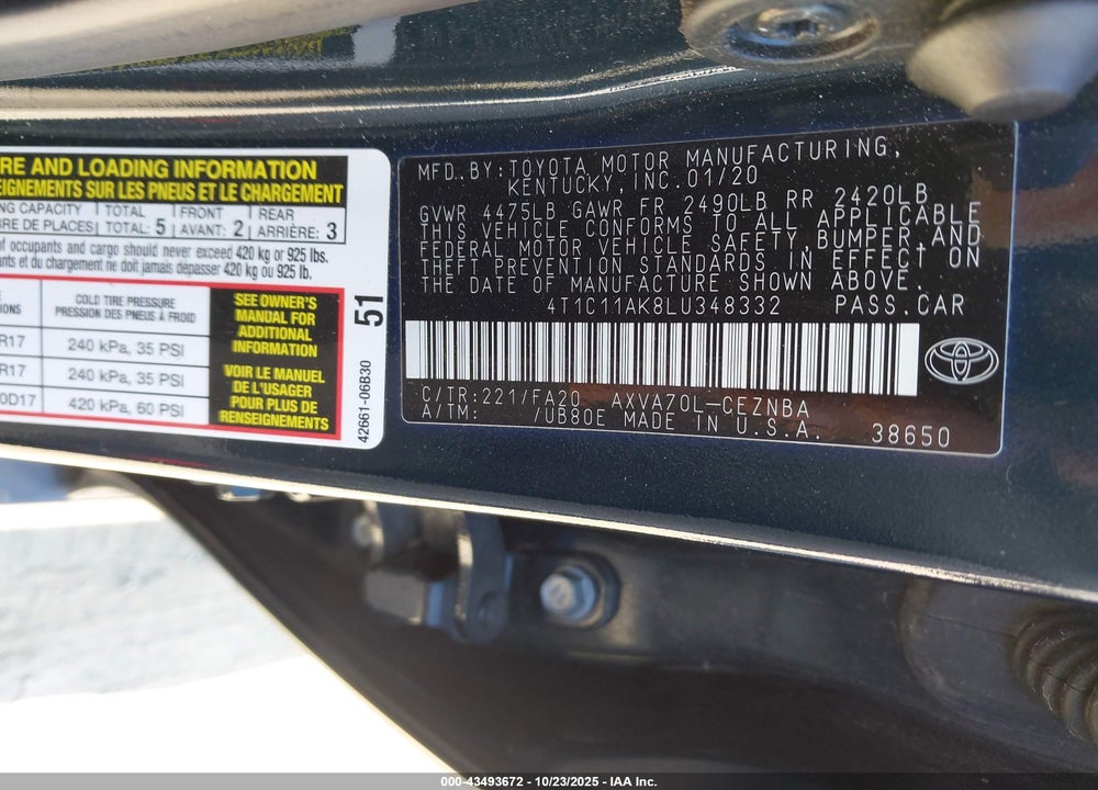 2020 TOYOTA CAMRY VIN: 4T1C11AK8LU348332