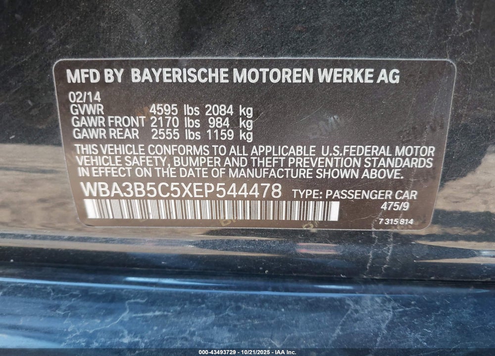 2014 BMW 3 SERIES VIN: WBA3B5C5XEP544478