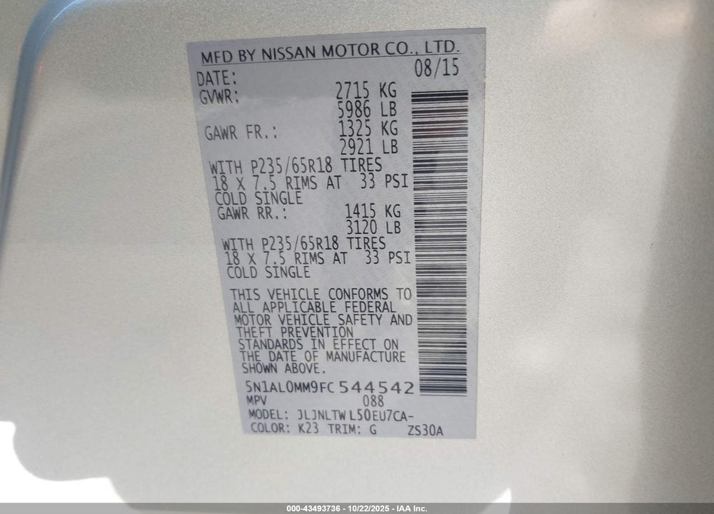 2015 INFINITI QX60 VIN: 5N1AL0MM9FC544542