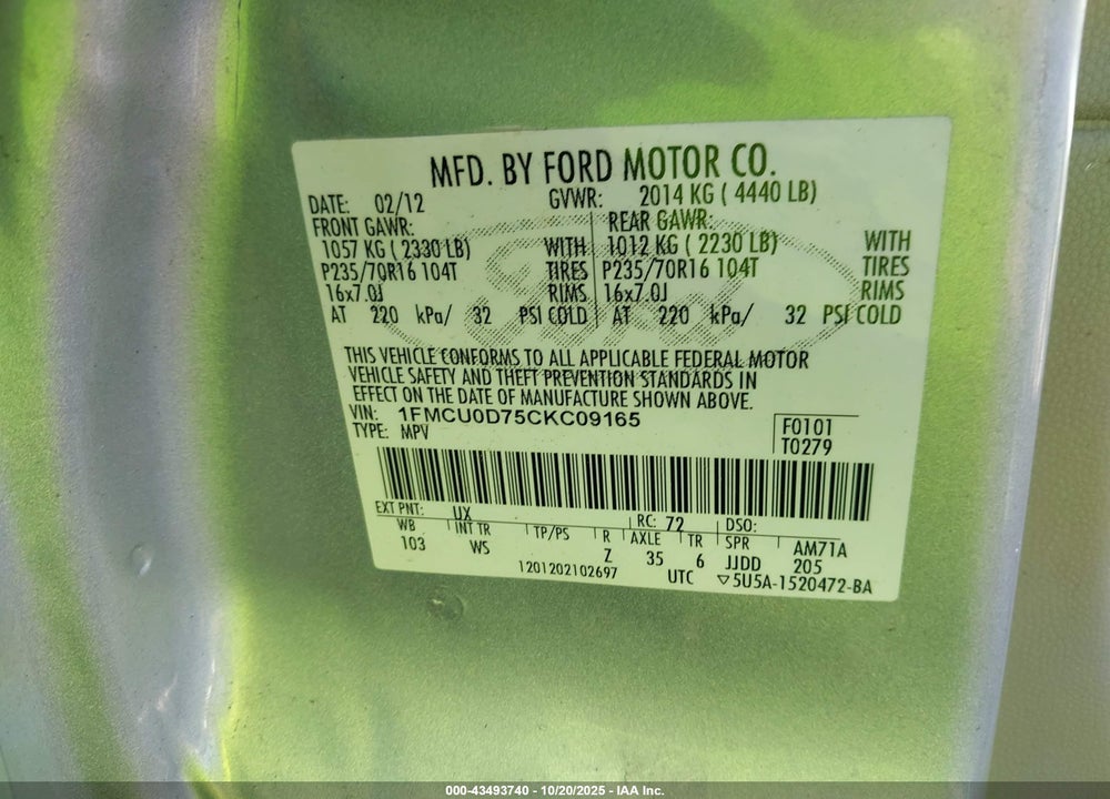 2012 FORD ESCAPE XLT VIN: 1FMCU0D75CKC09165