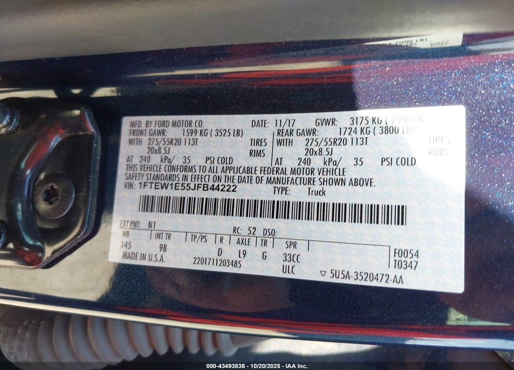 2018 FORD F-150 PLATINUM VIN: 1FTEW1E55JFB44222