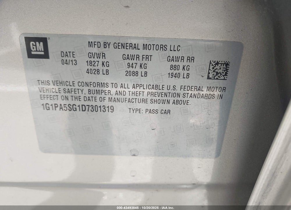2013 CHEVROLET CRUZE VIN: 1G1PA5SG1D7301319