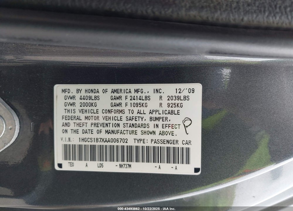 2010 HONDA ACCORD 2.4 EX VIN: 1HGCS1B7XAA006702