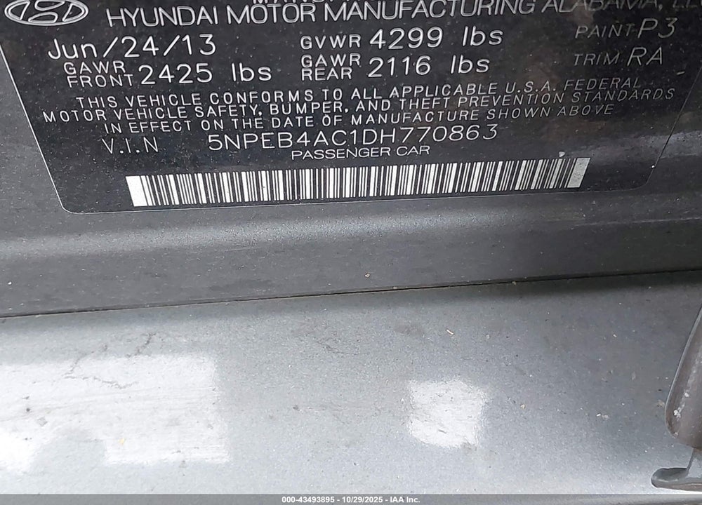 2013 HYUNDAI SONATA VIN: 5NPEB4AC1DH770863