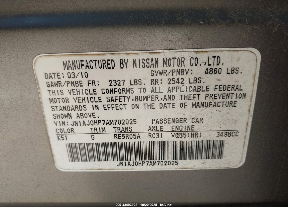 2010 INFINITI EX35 JOURNEY VIN: JN1AJ0HP7AM702025