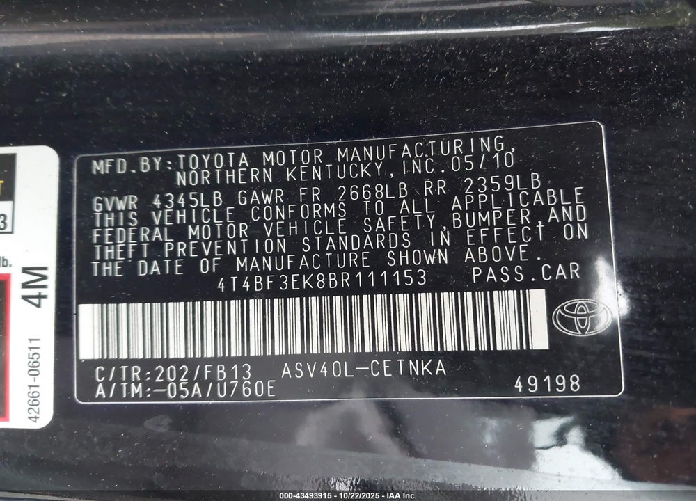 2011 TOYOTA CAMRY VIN: 4T4BF3EK8BR111153