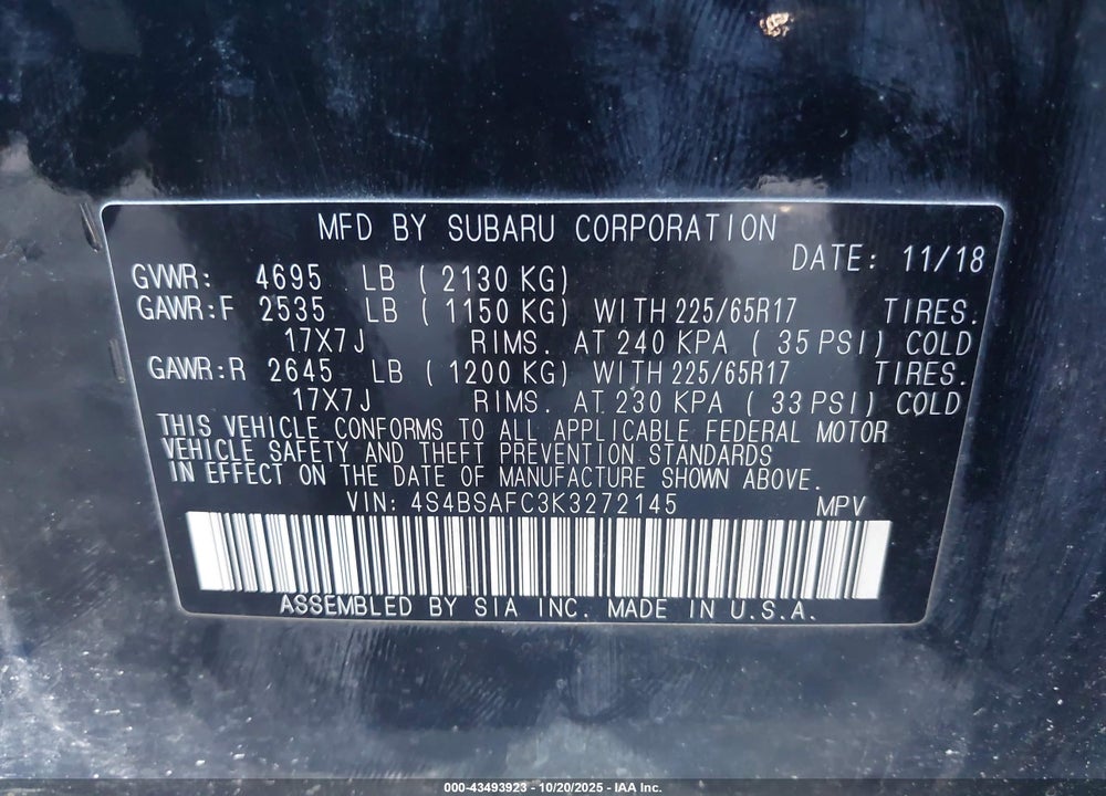 2019 SUBARU OUTBACK 2.5I PREMIUM VIN: 4S4BSAFC3K3272145