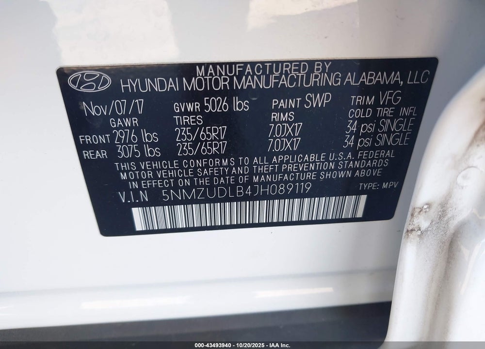 2018 HYUNDAI SANTA FE VIN: 5NMZUDLB4JH089119