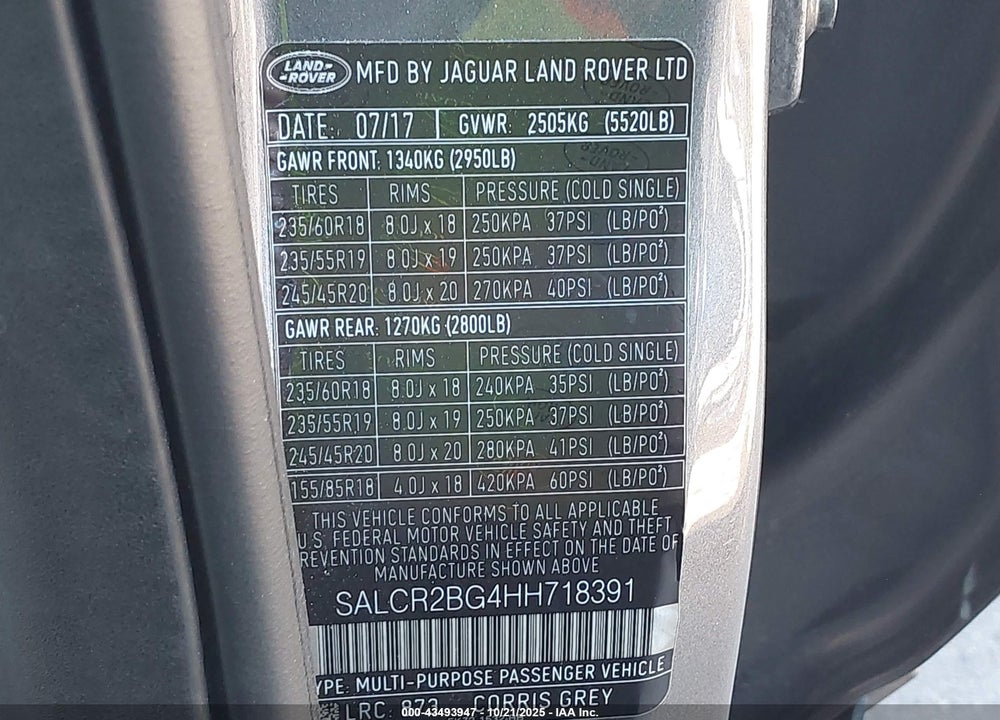 2017 LAND ROVER DISCOVERY SPORT HSE VIN: SALCR2BG4HH718391