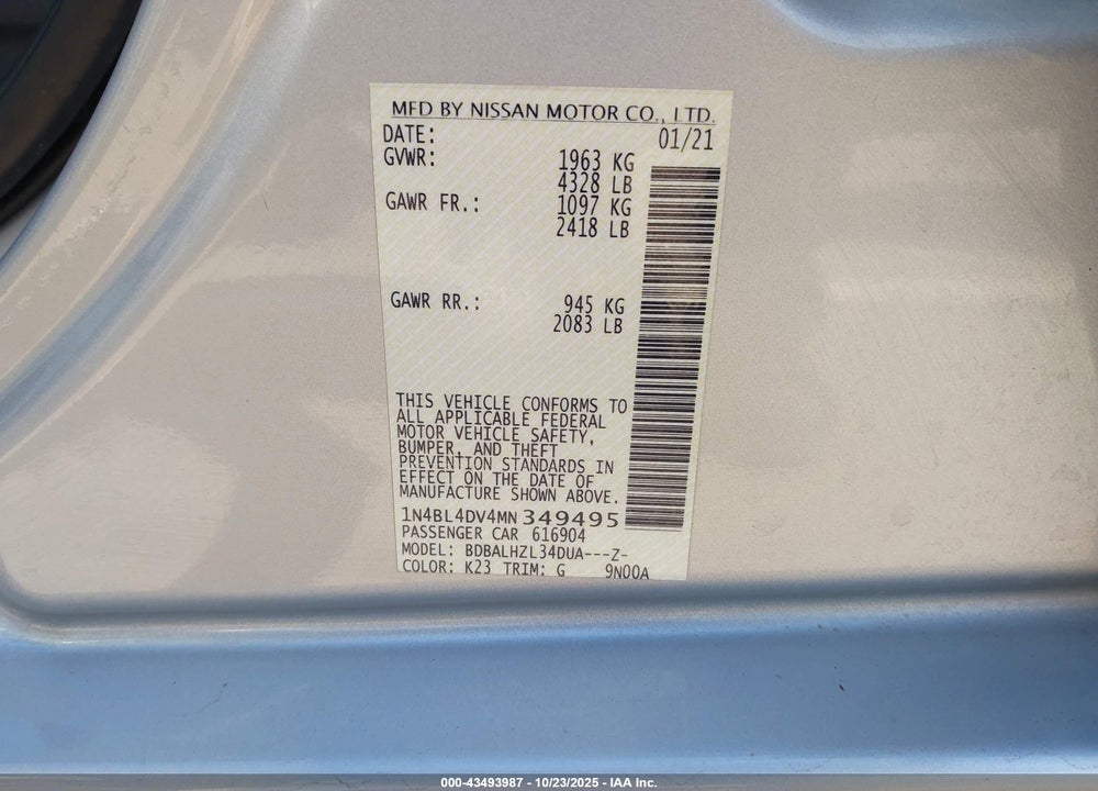 2021 NISSAN ALTIMA VIN: 1N4BL4DV4MN349495