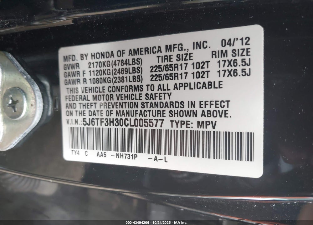 2012 HONDA CROSSTOUR VIN: 5J6TF3H30CL005577