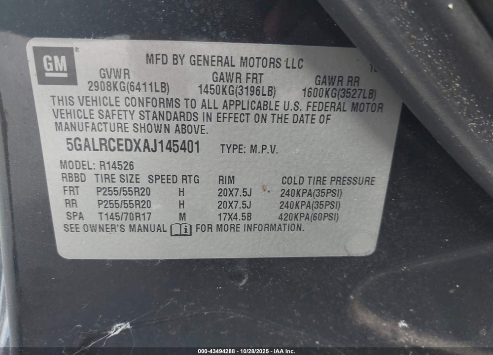 2010 BUICK ENCLAVE 2XL VIN: 5GALRCEDXAJ145401