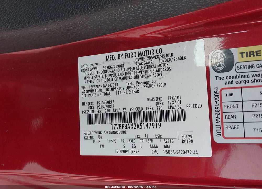 2010 FORD MUSTANG V6/V6 PREMIUM VIN: 1ZVBP8AN2A5147919