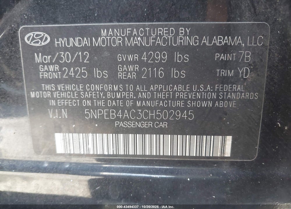 2012 HYUNDAI SONATA GLS VIN: 5NPEB4AC3CH502945