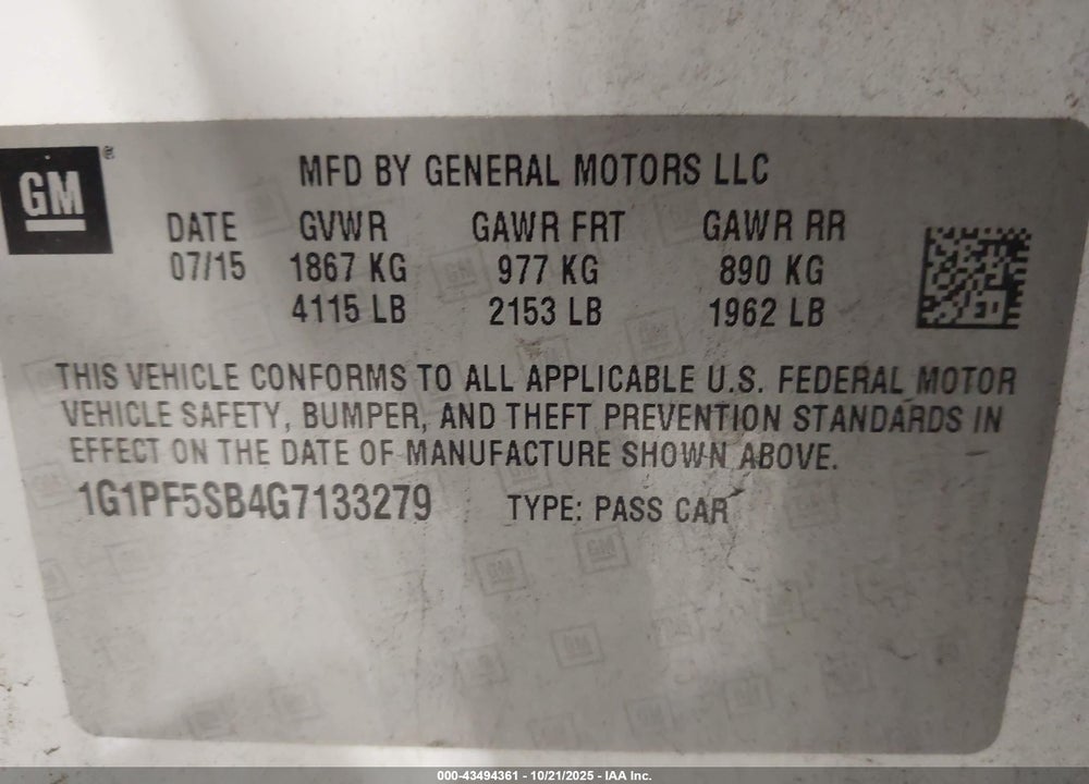 2016 CHEVROLET CRUZE LIMITED VIN: 1G1PF5SB4G7133279