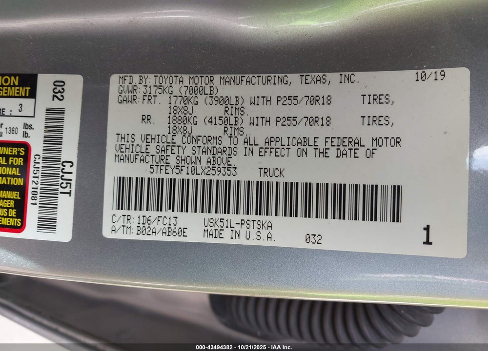 2020 TOYOTA TUNDRA VIN: 5TFEY5F10LX259353