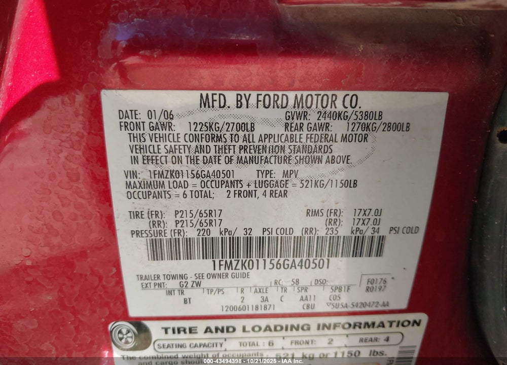 2006 FORD FREESTYLE SE VIN: 1FMZK01156GA40501