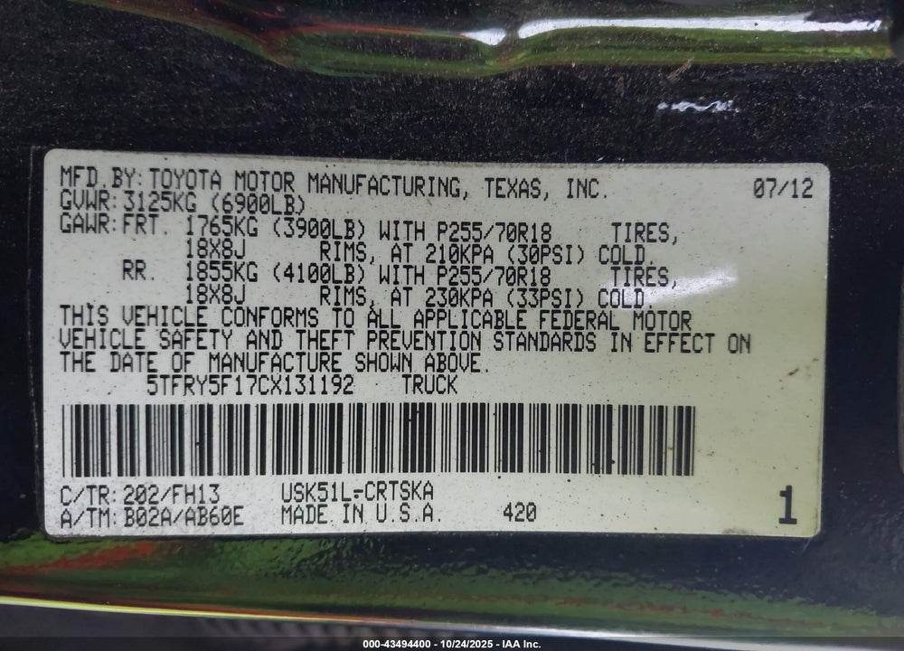 2012 TOYOTA TUNDRA GRADE 5.7L V8 VIN: 5TFRY5F17CX131192