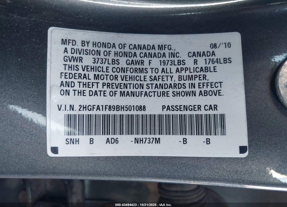 2011 HONDA CIVIC EX VIN: 2HGFA1F89BH501088