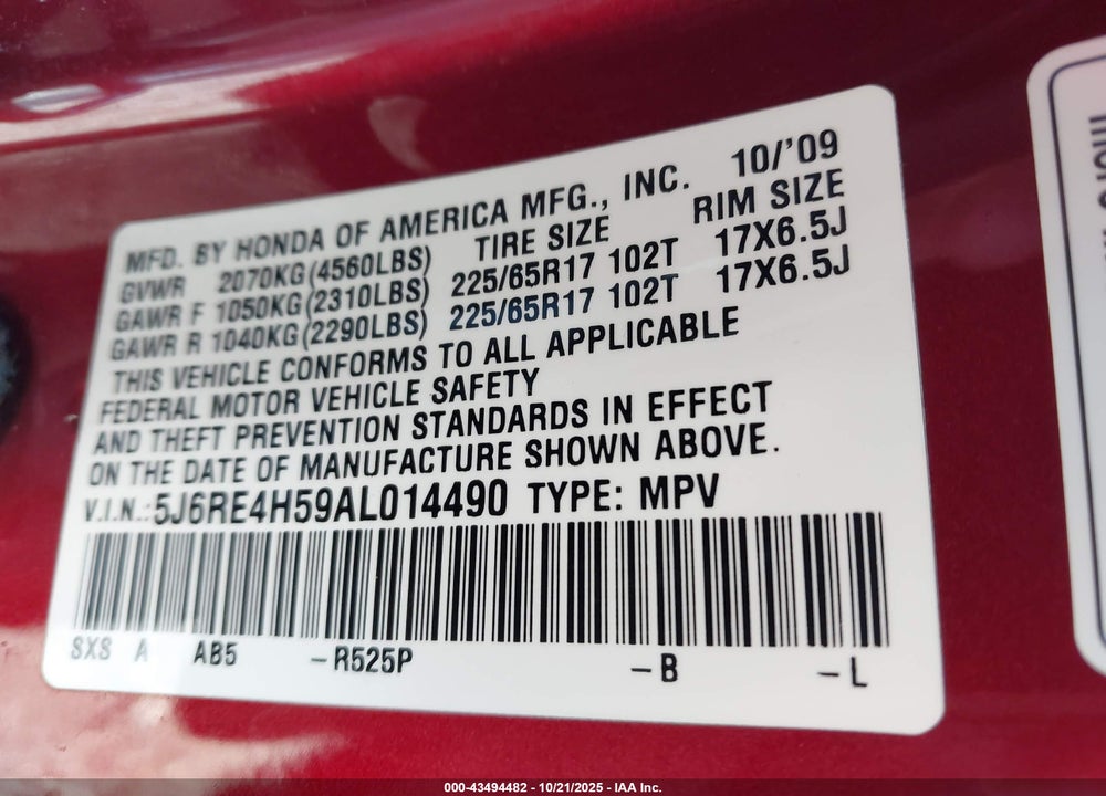 2010 HONDA CR-V EX VIN: 5J6RE4H59AL014490
