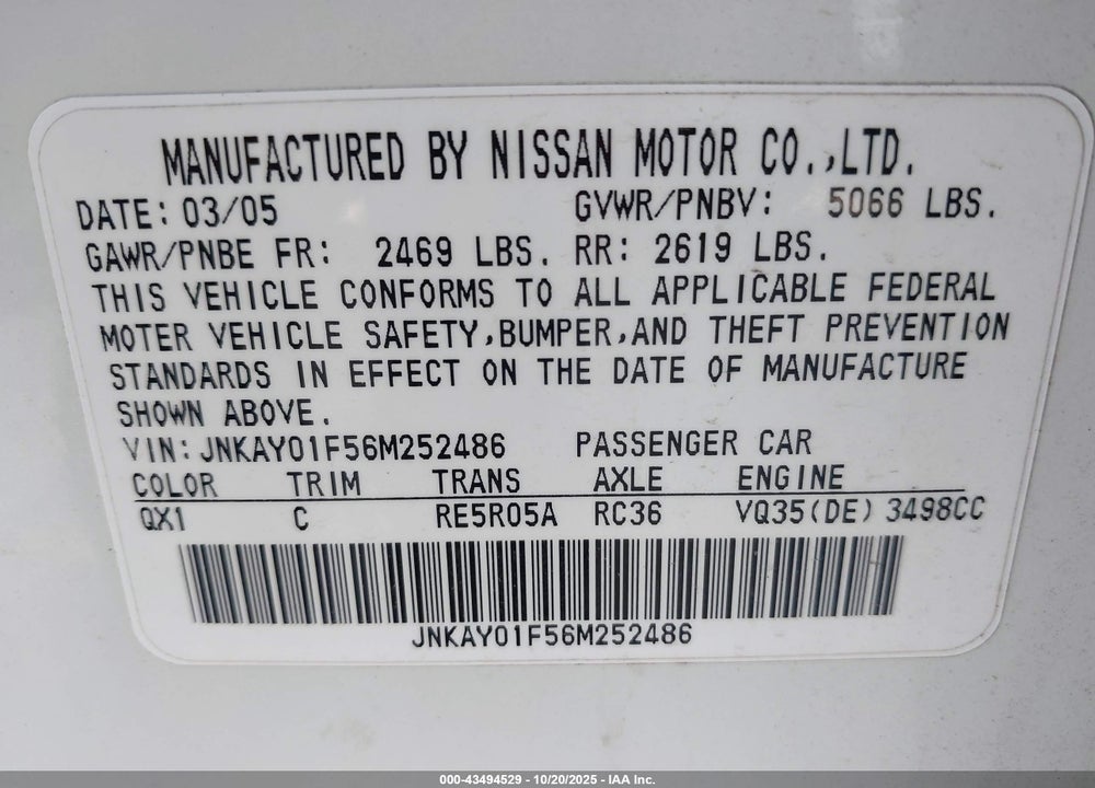 2006 INFINITI M35 VIN: JNKAY01F56M252486