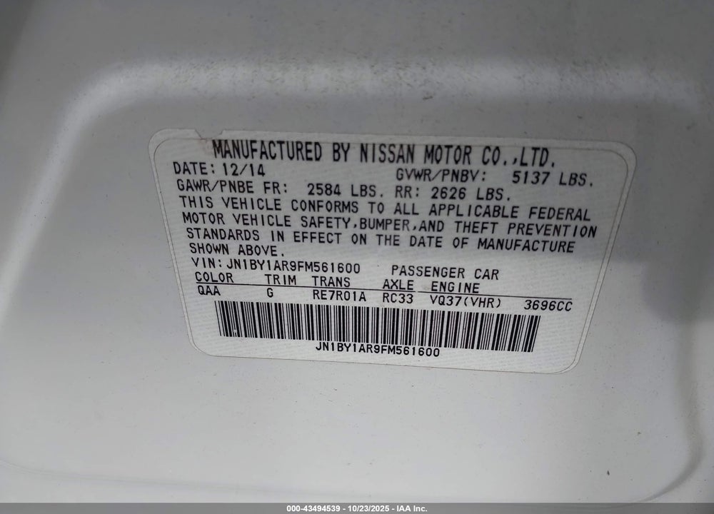 2015 INFINITI Q70 VIN: JN1BY1AR9FM561600