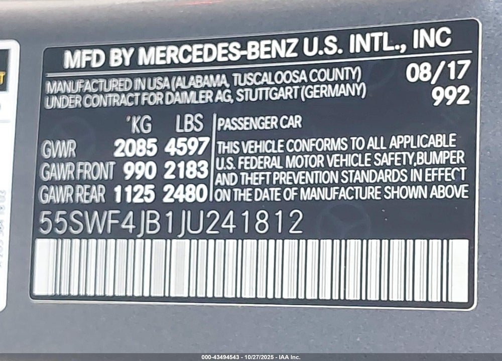 2018 MERCEDES-BENZ C 300 VIN: 55SWF4JB1JU241812