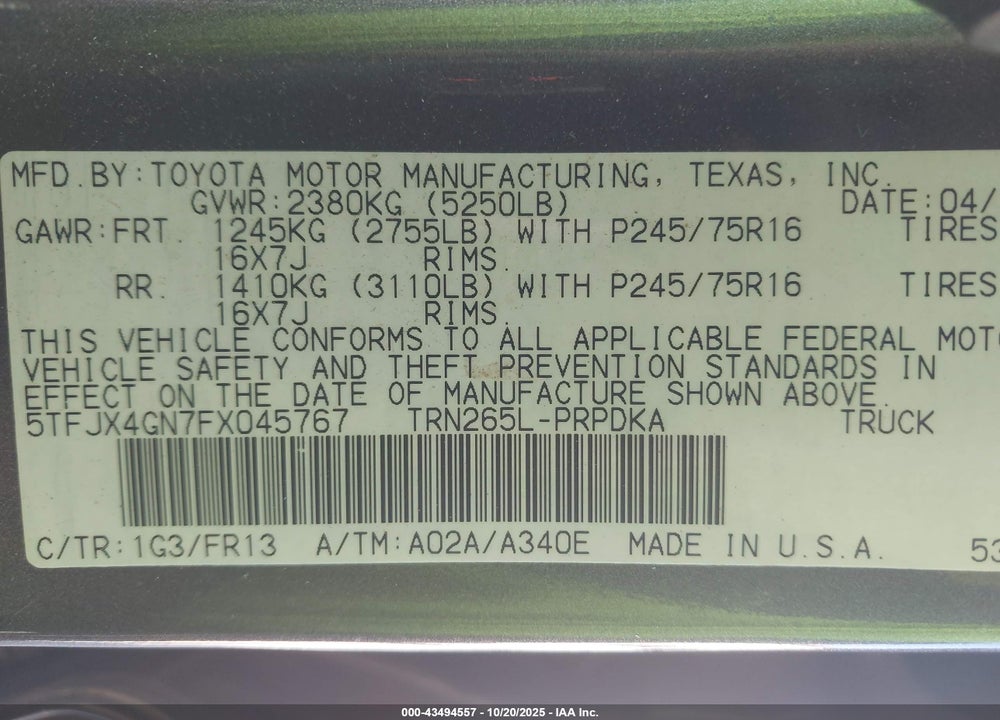 2015 TOYOTA TACOMA PRERUNNER VIN: 5TFJX4GN7FX045767