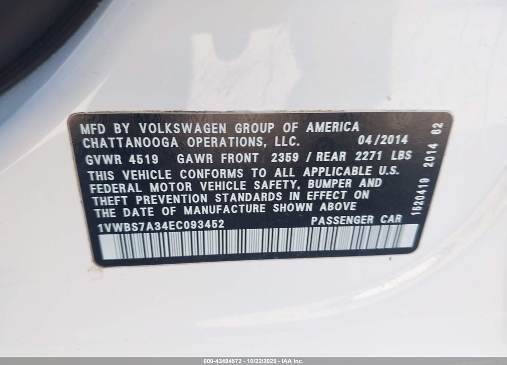 2014 VOLKSWAGEN PASSAT 1.8T SE VIN: 1VWBS7A34EC093452
