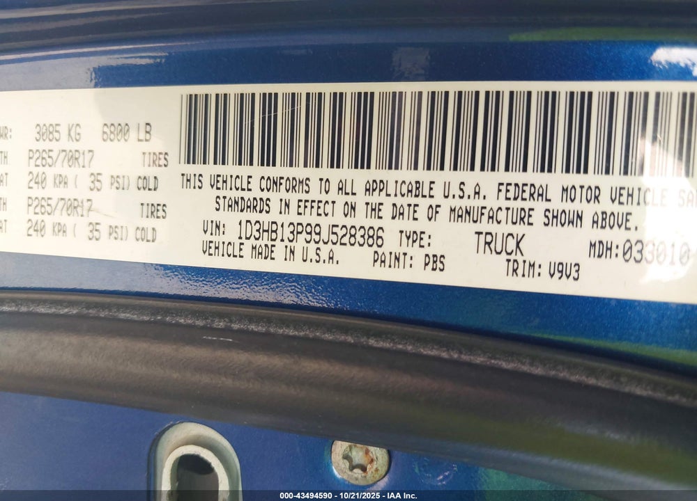 2009 DODGE RAM 1500 ST VIN: 1D3HB13P99J528386