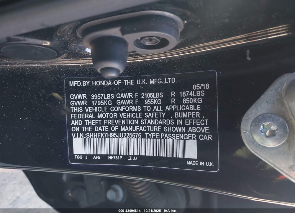 2018 HONDA CIVIC VIN: SHHFK7H95JU225676