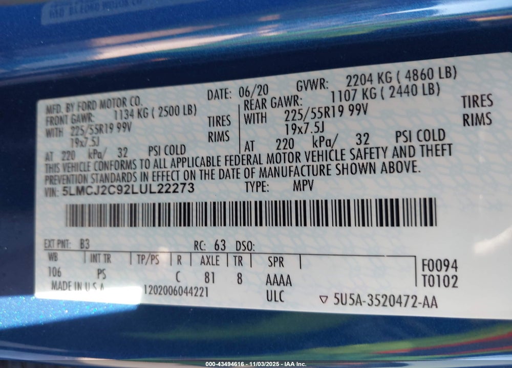 2020 LINCOLN CORSAIR RESERVE VIN: 5LMCJ2C92LUL22273